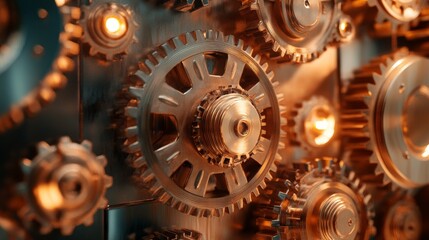 Shiny metallic gears in motion symbolizing progress and labor force