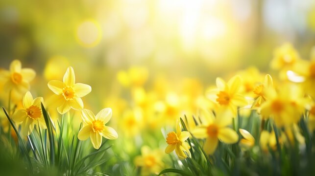 Blooming yellow daffodils in sunlight for Easter and spring greeting cards