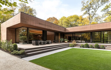 Fototapeta premium Modern architecture blends with nature in a stylish outdoor living space in autumn