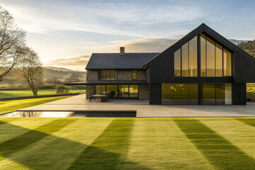 Obraz premium Modern hillside house with expansive windows and manicured lawn in tranquil landscape