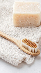 Natural wooden toothbrush with soap on linen fabric, promoting eco friendly hygiene