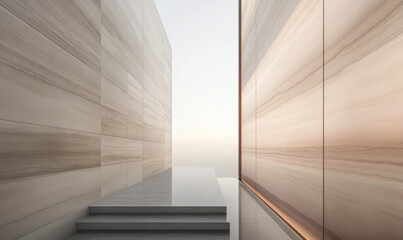 Modern architectural passageway with light reflections at dawn