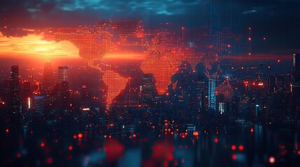 Naklejka premium multi exposure of abstract digital world map hologram overlaying new york city skyscrapers representing global research and analytics concepts