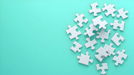 White puzzle pieces on teal background. Teamwork concept