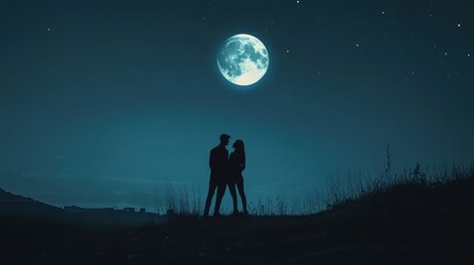 A silhouette of a couple under a glowing full moon, with a clear night sky offering a romantic and dreamy backdrop