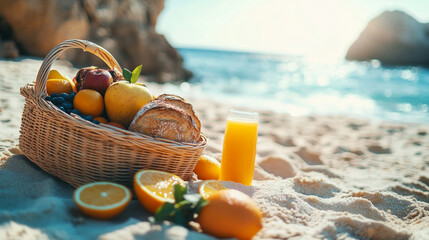 Beach picnic with fruit basket, bread and fresh orange juice ideal for summer vacations and weekend getaways