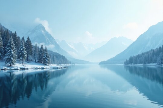 Serene winter landscape showcasing a pristine lake mirroring snow-capped mountains and a shoreline adorned with snow-covered evergreen trees under a clear sky.