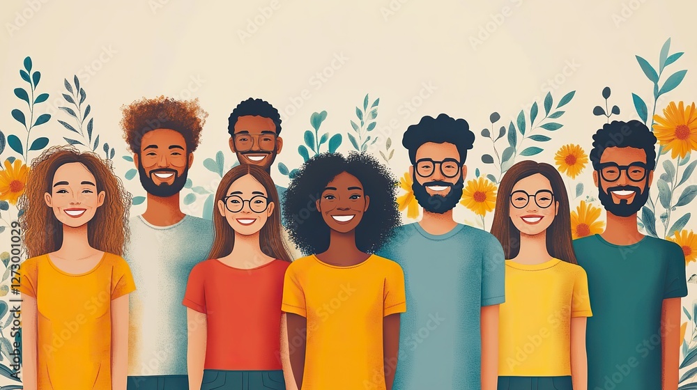 Poster multicultural group of smiling people from different continents and ethnicities standing together in