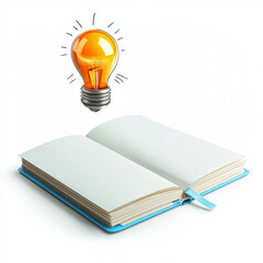 An open book with blank pages, topped by a glowing light bulb, symbolizing creativity and the generation of ideas.