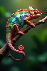 Fototapeta premium Vibrant Chameleon Perched on a Branch, Displaying Striking Scales and a Curled Tail in Lush Foliage