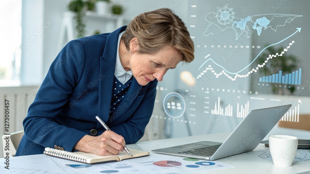 Aufkleber A focused business professional analyzes data and trends while working on a laptop, surrounded by charts and graphs.