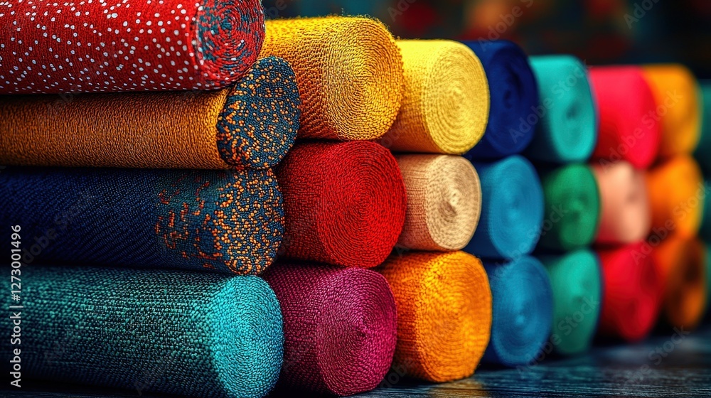 Poster vibrantly colored towels artfully stacked on a table displaying bright and cheerful textiles