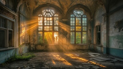 A somber scene of an abandoned building, with light pouring through broken windows, revealing its decay.