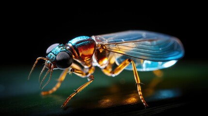 Naklejka premium Iridescent beauty, A macro view of a vibrant long-legged fly specie