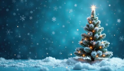 White snowflakes fall around a Christmas tree on a blue background, snowy scene, holiday decoration, Christmas tree