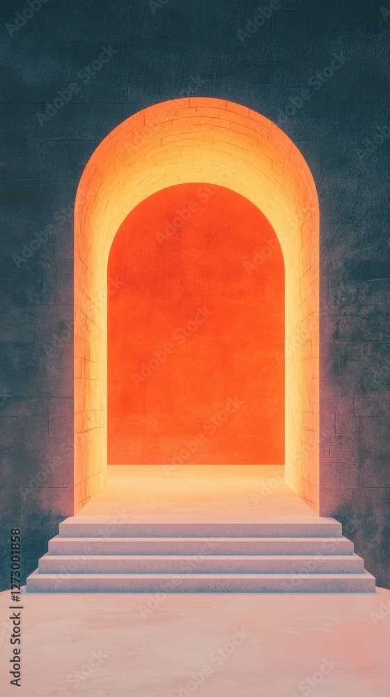 Poster illuminated archway entrance modern architecture digital art minimalistic environment front view con