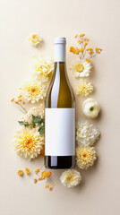 Top view of wine bottle in floral composition on soft yellow background, blank label offers space for text or logo—great mockup for events like weddings, anniversaries, or personal greetings