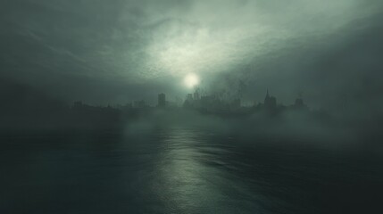 Fototapeta premium Misty city skyline at dawn with fog covering buildings and a muted sun peeking through clouds