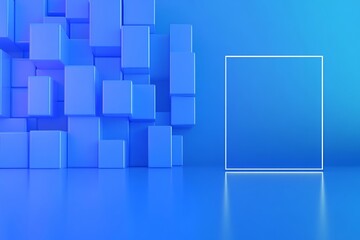 Abstract Blue Cubes Neon Glow Room. AI Generated