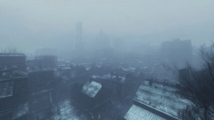 A foggy urban landscape covered in snow, showcasing dilapidated buildings and a distant skyline