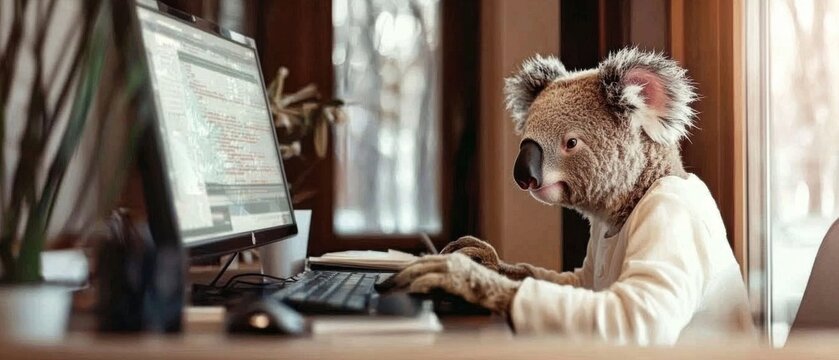 Koala using computer at home office creative workspace animal lifestyle cozy environment fun concept