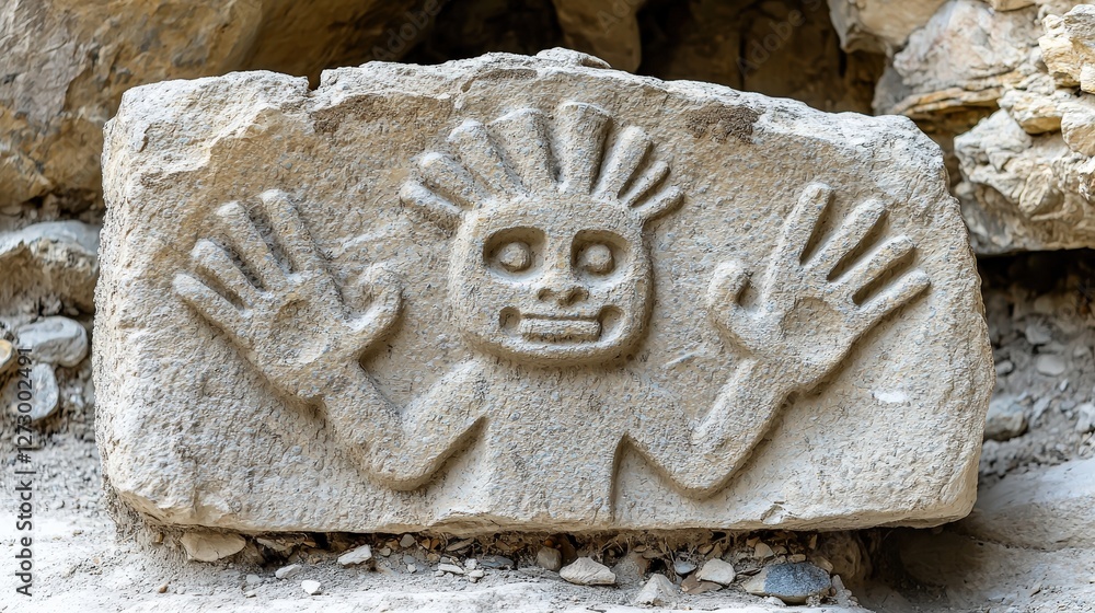 Poster a unique stone featuring a carved face with intriguing expressions and natural texture
