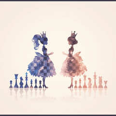 Fototapeta premium Concepto, dos reinas azul grisáceo, rosa malva, piezas de ajedrez, arte negociación enfrente una de la otra, resolver diferencias, buscar acuerdos, ilustrativo conflicto posiciones reglas, fondo claro