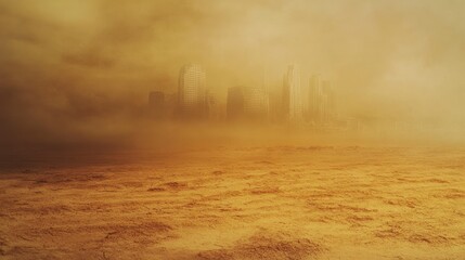 Obraz premium A hazy, dystopian city skyline shrouded in dust, with a desolate landscape in the foreground