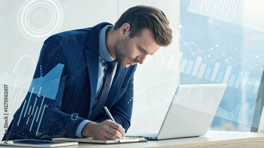 Leinwandbilder A focused professional in a suit writes notes while working on a laptop, surrounded by digital graphs and analytics visuals.