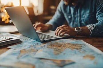 Business Professional Working on Laptop with World Map, exploring global business opportunities, remote work planning, travel and technology