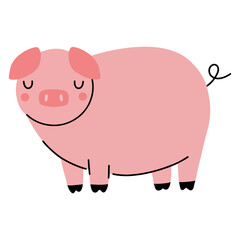 Cute vector pig. Piglet in Hand drawn style on white background. Baby Room wall art, cartoon nursery animal, baby shower decoration, Concept for children print.	