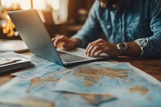 Business Professional Working on Laptop with World Map, exploring global business opportunities, remote work planning, travel and technology - Powered by Adobe