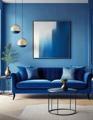 Blue living room, blue sofa, poster