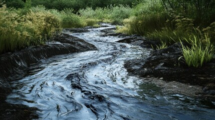 Serene stream flowing through lush greenery, reflecting sunlight, with vibrant plant life nearby