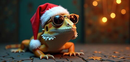 Festive lizard in a Santa hat and sunglasses, perfect for holiday promotions, quirky marketing, or fun social media graphics.
