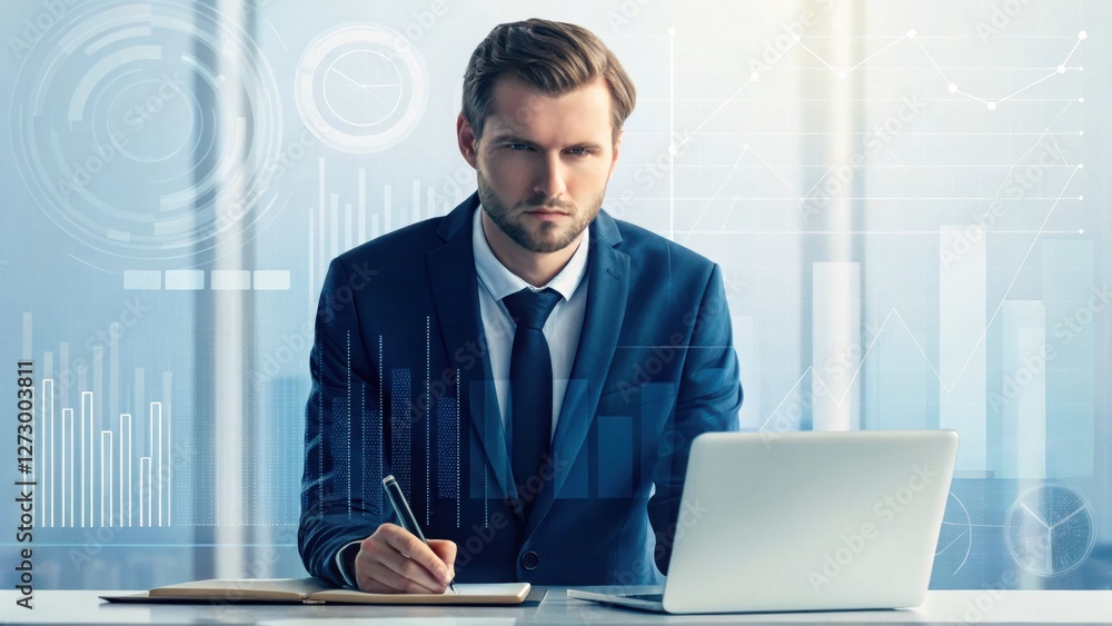 Poster A focused businessman in a suit works on a laptop, with digital graphs and data overlays in a modern office setting.