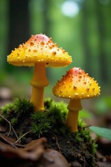 Fototapeta premium Wild chanterelle mushrooms growing in the forest, forest, yellow, fungi