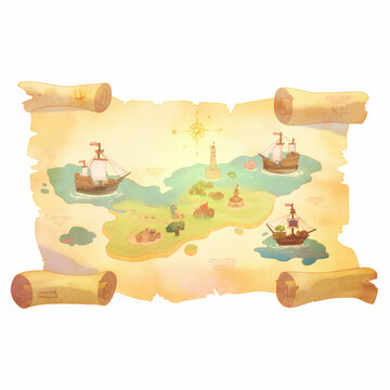 Concepto manuscrito papiro mapa de aventuras, buscar tesoro pergamino viejo gastado, barcos, monta&ntilde;as, juego pistas, secretos, inc&oacute;gnitas, tonos claros, sobre fondo blanco