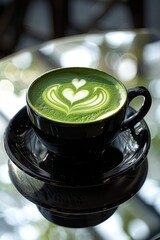 Product photo of Matcha Latte, brewed coffee, on slate surface, isolated on white background. studio lighting.	
