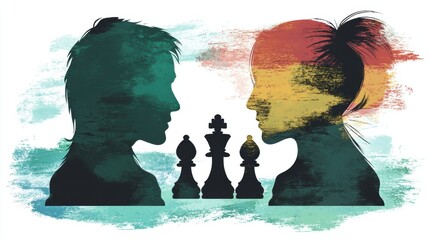 Silhouette of Two People Engaged in Chess Competition with Colorful Abstract Background
