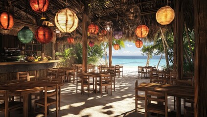 Tropical beachside cafe with colorful lanterns (1)