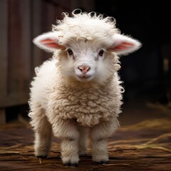 Fototapeta premium an AI Image Generator, Cute Curly-Wool Lamb Standing on Wooden