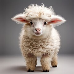 Fototapeta premium an AI Image Generator, Cute Curly-Wool Lamb Standing on Wooden