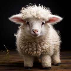 Obraz premium an AI Image Generator, Cute Curly-Wool Lamb Standing on Wooden