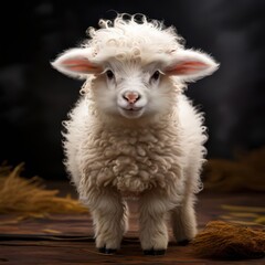 Obraz premium an AI Image Generator, Cute Curly-Wool Lamb Standing on Wooden