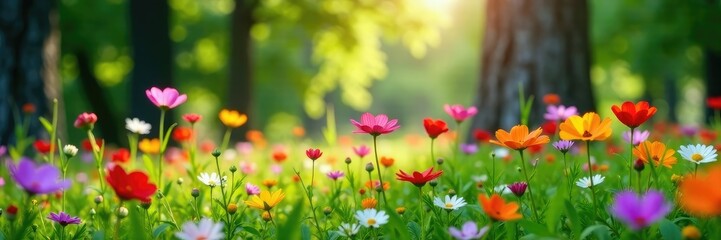 Fototapeta premium Wildflowers sway gently in the breeze amidst tall trees, colorful blooms,