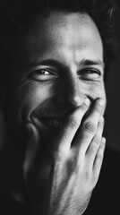 A man smiles, covering his mouth with his hand, in a black and white photo in a grainy film noir style, high contrast and high resolution, very detailed.