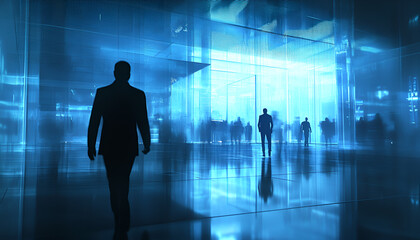 Mysterious silhouette walking through futuristic blue cityscape