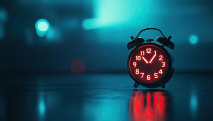 Night alarm clock, illuminated red hands, dark room, city lights in background