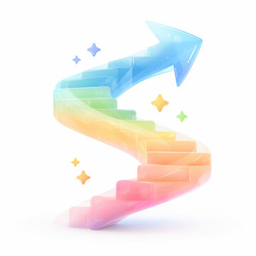 Dibujo animado escalera con punta en flecha ascenso colorido tonos pastel y estrellas con tendencia alcista, destino, sobre fondo blanco, ascender por etapas, logros, metas, gradual, infantil